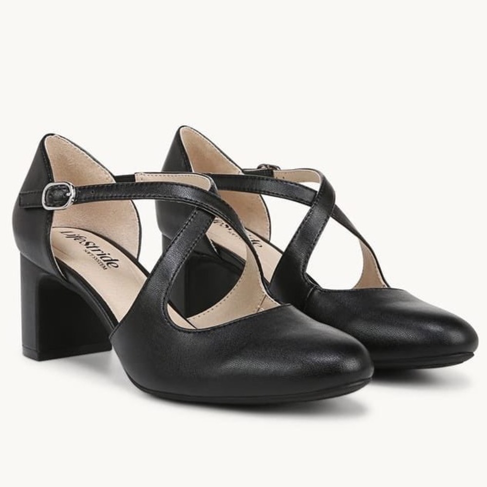 LifeStride Tracy Black Faux Leather Strappy Block Heel Pump Womens Sz 7W NEW